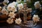 Vintage book and cross stand amidst vibrant flowers telling tales of time and faith, palm sunday still life image