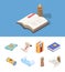 Vintage books isometric. Fantasy magic papers fairytale books for computer game medieval maps vector set