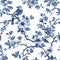 Vintage Botanical seamless pattern. Toile de Jouy pattern. Blue birds and flowers on a white background. Nature background.