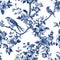 Vintage Botanical seamless pattern. Toile de Jouy pattern. Blue birds and flowers on a white background. Nature background.