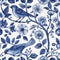 Vintage Botanical seamless pattern. Toile de Jouy pattern. Blue birds and flowers on a white background. Nature background.