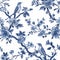Vintage Botanical seamless pattern. Toile de Jouy pattern. Blue birds and flowers on a white background. Nature background.