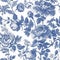 Vintage Botanical seamless pattern. Toile de Jouy pattern. Blue flowers on a white background. Nature background. Wallpaper design