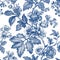Vintage Botanical seamless pattern. Toile de Jouy pattern. Blue flowers on a white background. Nature background. Wallpaper design
