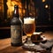 Vintage bottle and glass of foamy lager beer on wooden table in pub . Concept of beer, alcohol, drink, brewery