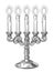 Vintage brass candelabra with five burning candles in engraving style. Hand drawn candlestick sketch vector illustration
