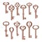 Vintage bronze metal keys set, vector illustration