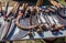 Vintage brush hooks and hardware tools at flea market outdoor