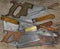 Vintage butcher shop utensils over wooden table