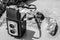 Vintage camera on beach in black and white