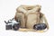 Vintage Camera With Camera Bag And Telephoto Lens