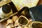 Vintage camera, sunglasses, seashells, bracelet, map and wallet. Vintage travelling