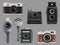 Vintage cameras. Electronic gadgets retro photo technic for professional workers vector realistic illustrations isolated