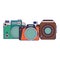 Vintage cameras set cartoons blue lines