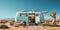 A vintage camper van is parked in the desert. Digital image.