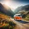 vintage camper van parked on a winding mountain surrounded by breathtaking views of the rugged spontaneity of life on the explore