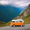 vintage camper van parked on a winding mountain surrounded by breathtaking views of the rugged spontaneity of life on the explore