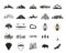 Vintage camping icons and adventure symbols illustrations set. Hiking shapes of mountains, trees, wild animals and