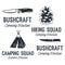 Vintage Camping Silhouette Badges with quotes Camping Squad. Travel Monochrome Emblems. Hiking Logo Designs Set. Stock