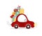 A vintage car is carrying a bunch of gifts. Funny and cute christmas element for holiday card, banner design. Flat