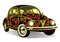 Vintage car decorated with roses. Retro floral cartoon cars airbrushing. Vector illustration