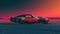 Vintage car in a desolate landscape at sunset.
