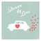 Vintage car driven by love romantic postcard