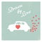 Vintage car driven by love romantic postcard design for Valentine card.