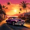 Vintage car driving down a scenic coastal road during a vibrant sunset