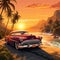 Vintage car driving down a scenic coastal road during a vibrant sunset