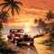 Vintage car driving down a scenic coastal road during a vibrant sunset