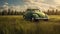 Vintage car driving through an old fashioned rural meadow, sunset adventure generated by AI