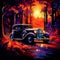 Vintage car engulfed in vibrant flames in a lush mystical forest