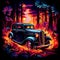 Vintage car engulfed in vibrant flames in a lush mystical forest