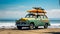 Vintage car with a kayak and a surfboard parked at the beach on a sunny summer day. Old car with a surfboard, at the beach. Cool