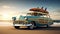 Vintage car with a kayak and a surfboard parked at the beach on a sunny summer day. Old car with a surfboard, at the beach. Cool