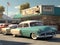 A vintage car park at the front of the diner in 1950s