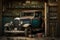 a vintage car parked inside an old garage, complete with a collection of antique tools and auto parts.