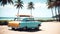 vintage car parked on the tropical beach (seaside) with a surfboard on the roof