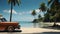 Vintage car parked on the tropical beach with a surfboard