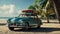 Vintage car parked on the tropical beach with a surfboard