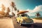 Vintage car parked on the tropical beach with a surfboard on the roof. Generative AI