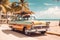 Vintage car parked on the tropical beach with a surfboard on the roof. Generative AI