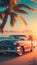 Vintage car parked on the tropical beach with a surfboard on the roof, sunset, palm tree