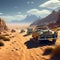 a vintage car racing across the desert leaving a trail of dust behind under the scorching sun