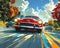 Vintage car rally scene with colorful automobiles illustrated in a lively