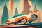 vintage car speeding past futuristic high-rise buildings in futuristic city