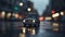 Vintage car speeds through city streets, headlights illuminating raindrops generated by AI