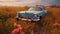 Vintage car speeds through rustic meadow, capturing nature nostalgic beauty generated by AI