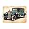 Vintage Car Stamp On Vintage Postcard Vector - Cartoon Realism